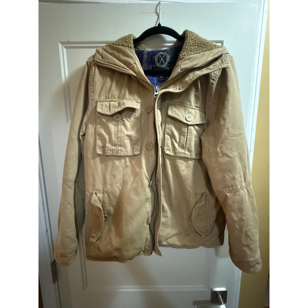 Legendary Goods Mens Tan Canvas Hooded Jacket Sherpa Lined Plaid Interior Large